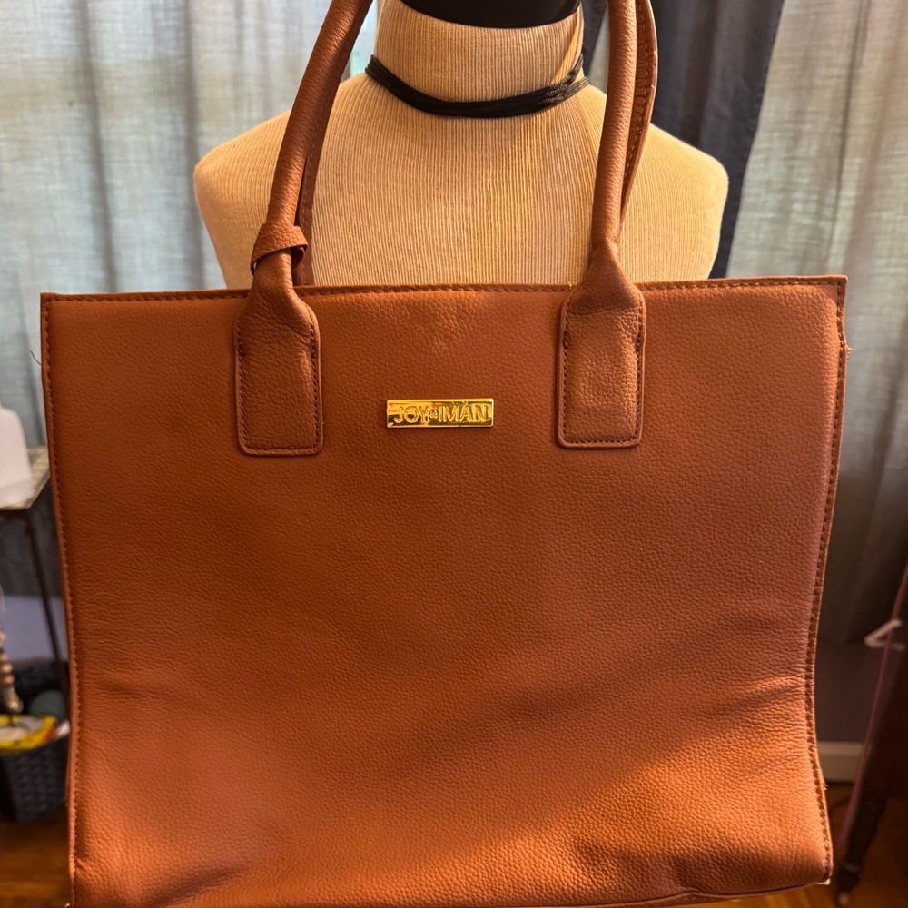 Joy & Iman Brown Leather Textured Tote With Gold Accents